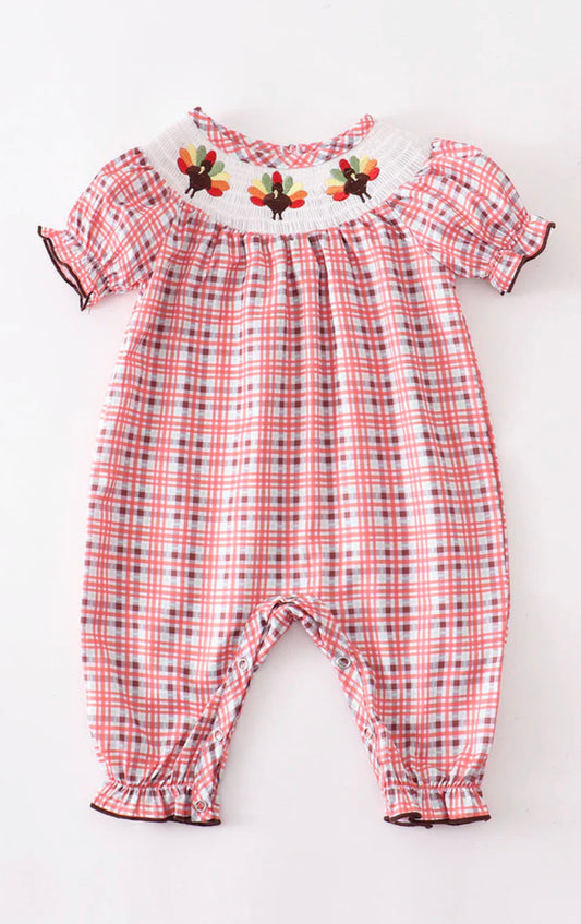 Thanksgiving plaid Turkey smocked baby romper