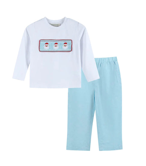 White Santa Smocked Shirt and Blue Pants Set