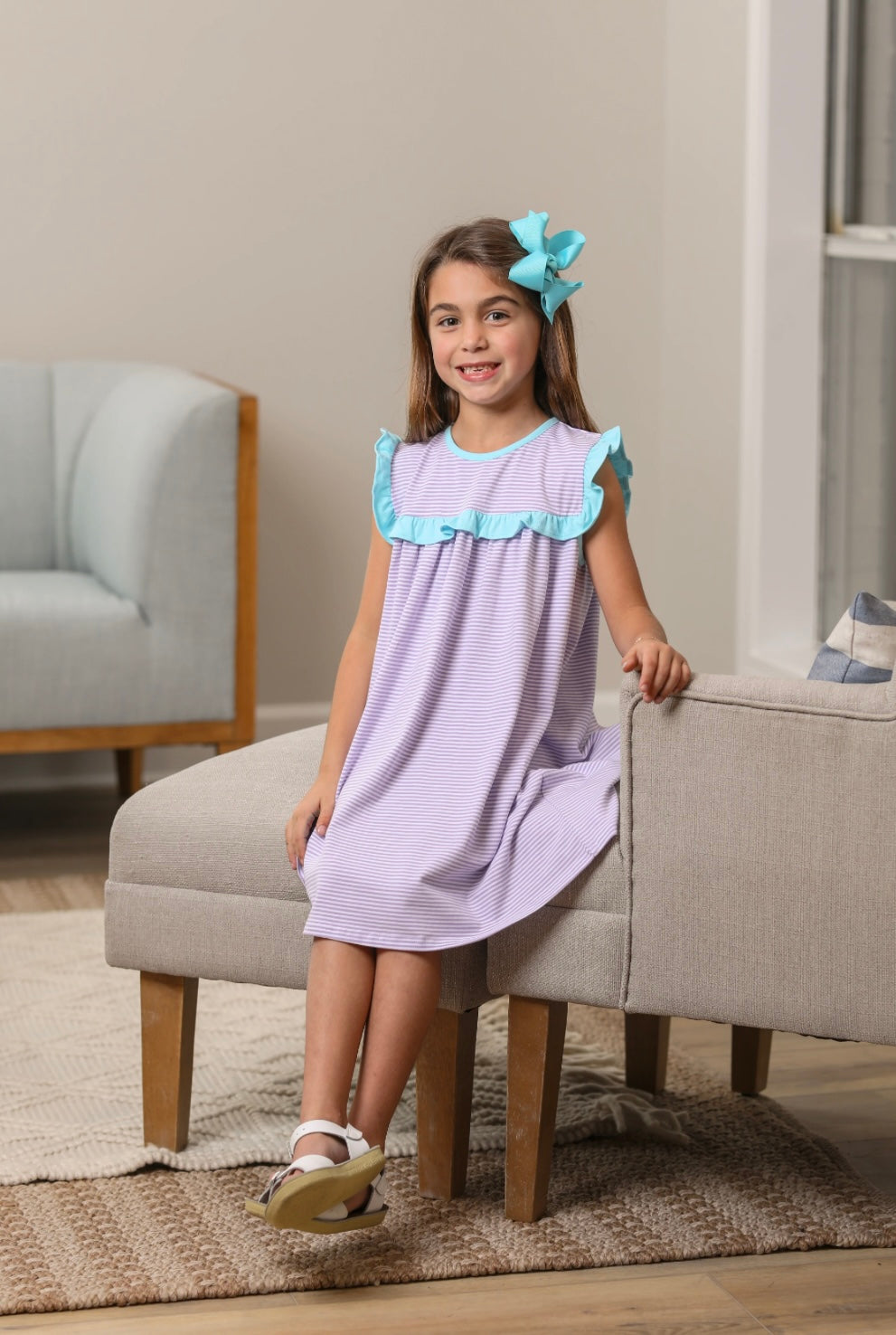 Bella Dress- Lavender Stripe and Aqua