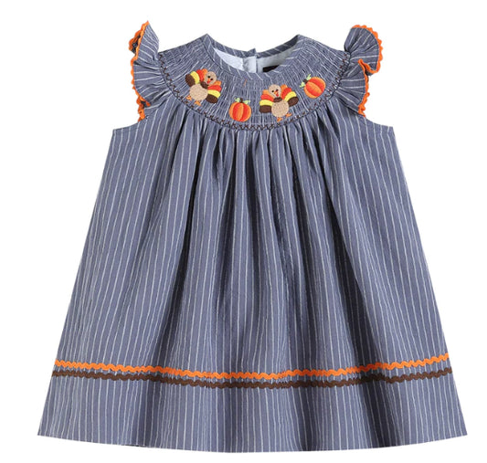 Gray Blue Smocked Turkey & Pumpkins Thanksgiving Dress