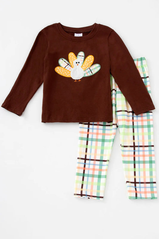 Thanksgiving turkey applique plaid boy pants set