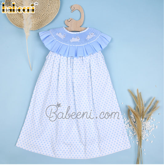 Hand smocked rabbit blue ruffle dotted white dress