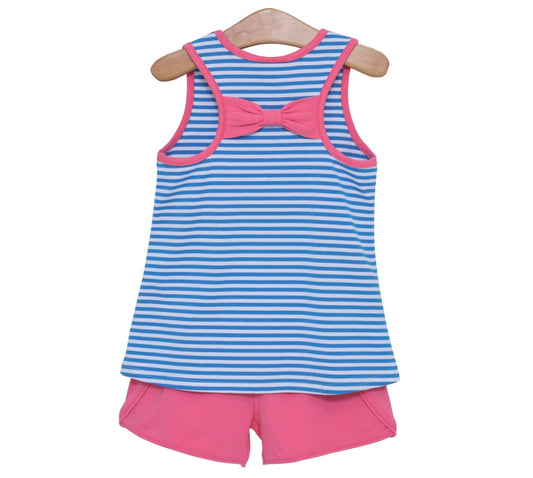 Abby Bow Back Short Set- Azure Blue Stripe and Pink