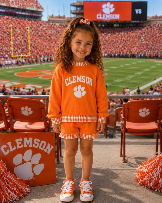 Girls Clemson Gingham Cuff Short Set