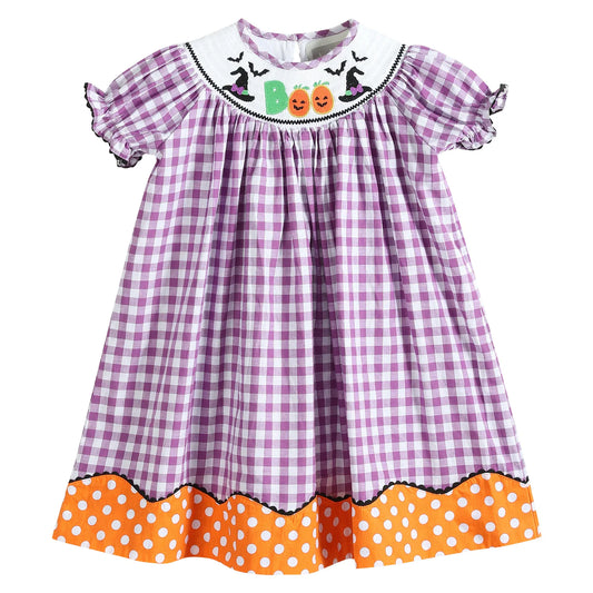 Lil Cactus Purple Gingham Halloween Boo Smocked Bishop Dress