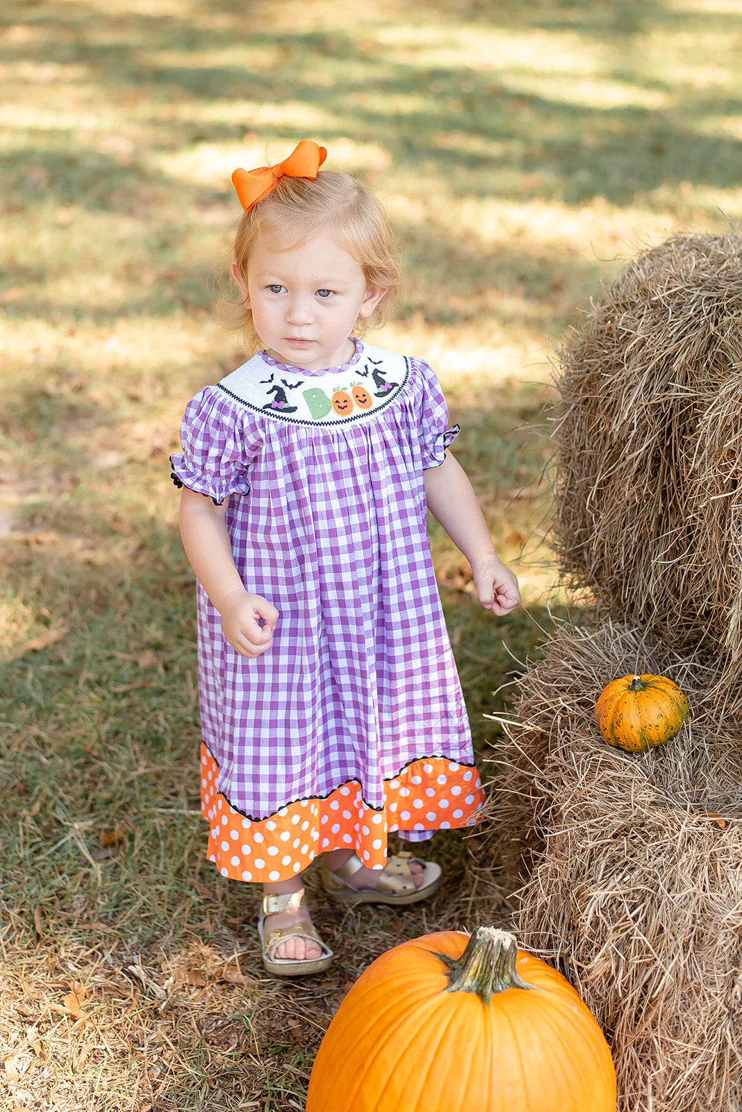 Lil Cactus Purple Gingham Halloween Boo Smocked Bishop Dress