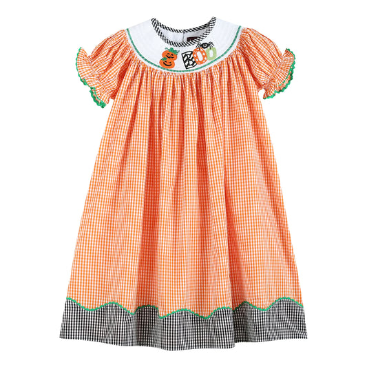 Lil Cactus Orange 'Boo' Gingham Smocked Bishop Dress