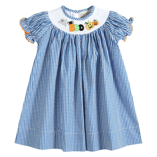 Lil Cactus Blue Gingham Halloween Boo Smocked Bishop Dress