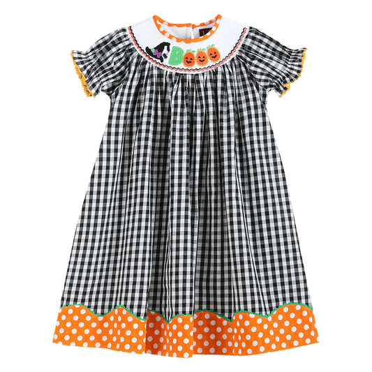 Lil Cactus Black and Orange Gingham 'Booo' Smocked Bishop Dress