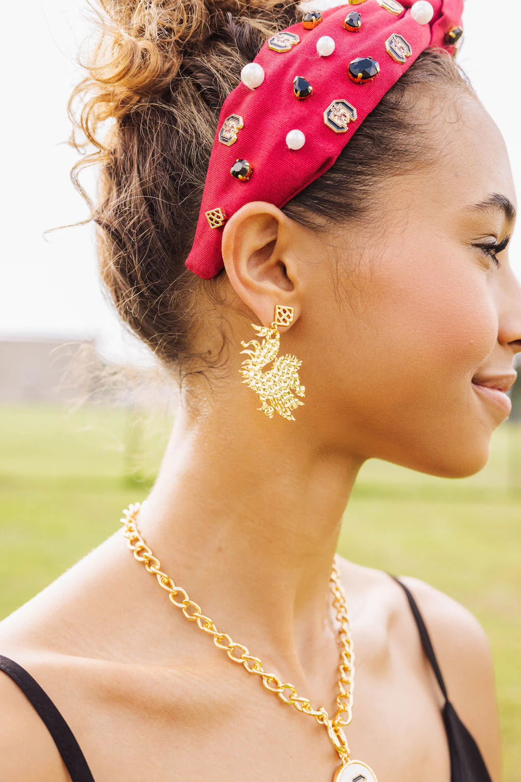 GOLD UNIVERSITY OF SOUTH CAROLINA GAMECOCK EARRING WITH BC LOGO