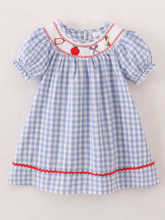 Back to School Smocking Pencil Apple Embroidered Plaid Dress