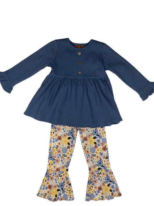 Blue Floral Bell Bottom Pant Set