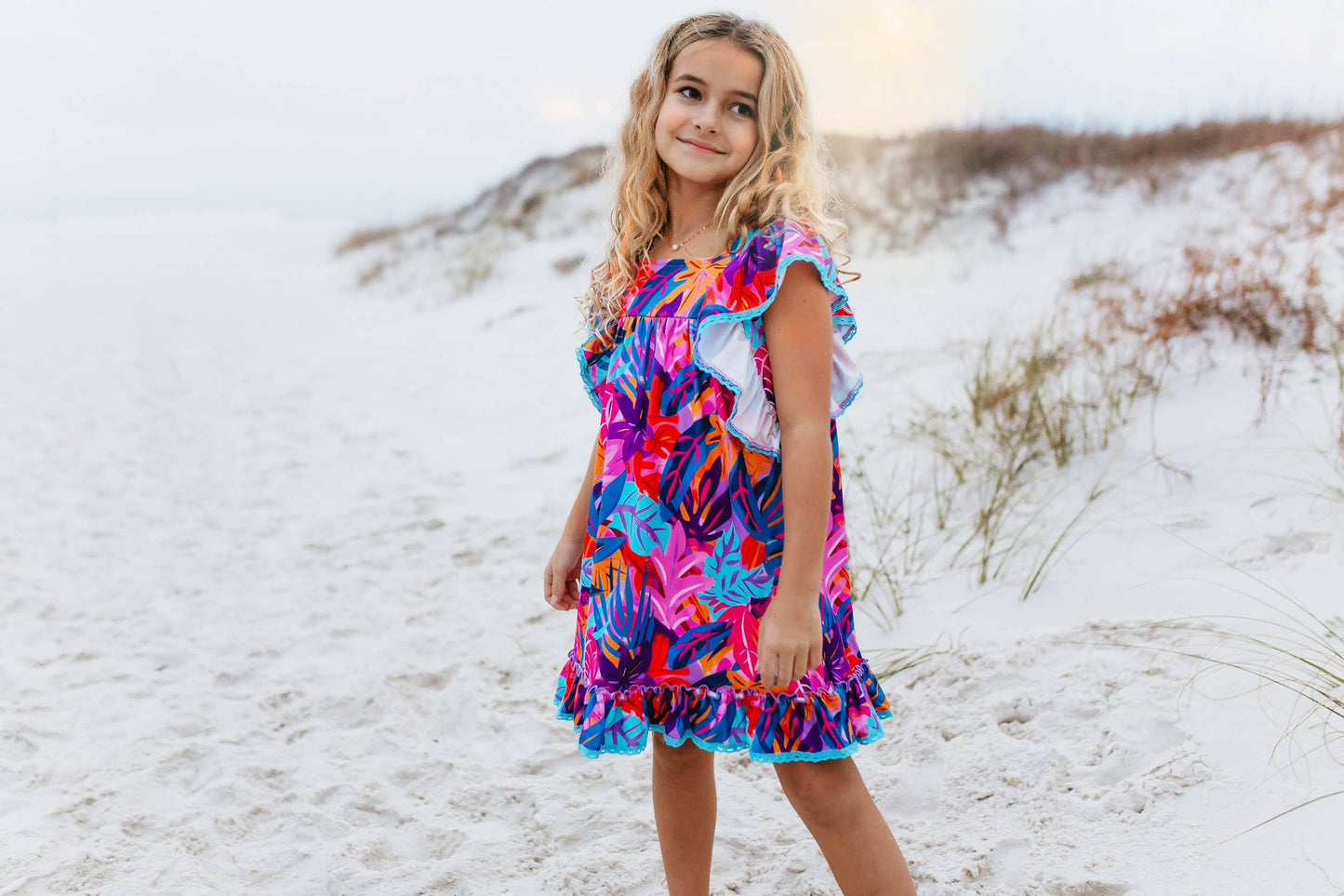 Girls Bright Pink Blue Tropical Ruffle Spring Summer Dress