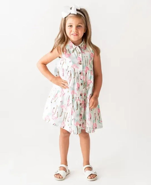 RuffleButts Vibrant Flamingo Tiered Shirt Dress