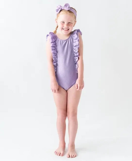 RuffleButts Lavender Seersucker Waterfall One Piece Swimsuit