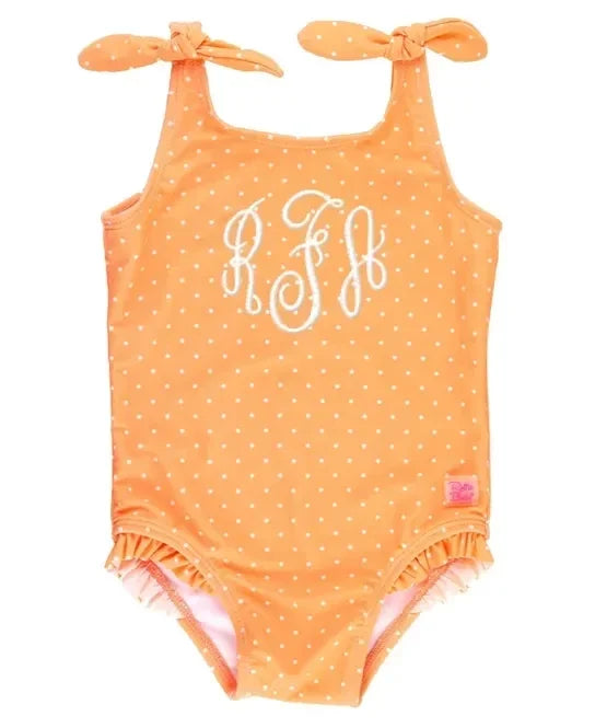 RuffleButts Melon Polka Dot Tie Shoulder One Piece