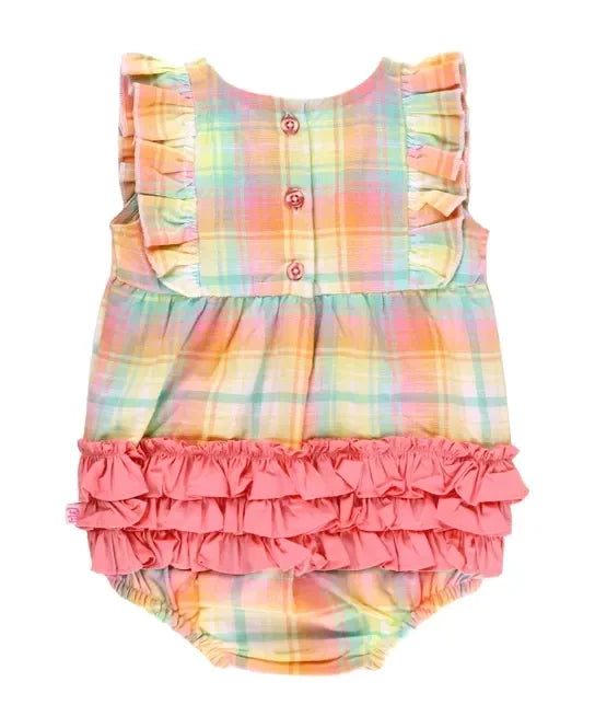 RuffleButts Rainbow Plaid Classic Ruffle Romper