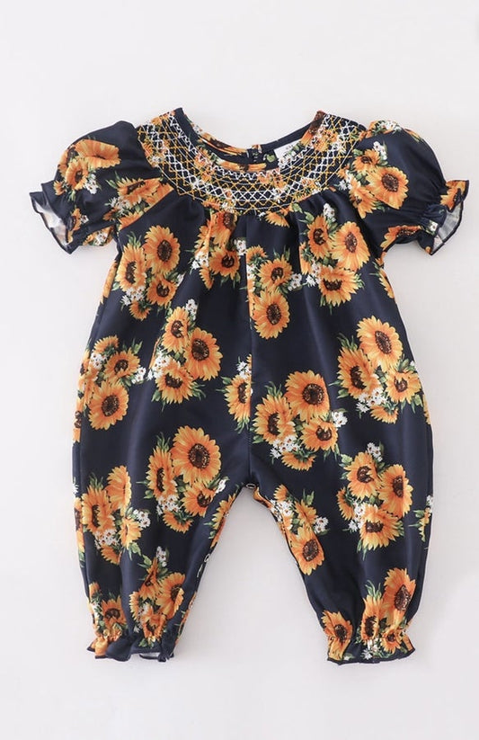 Navy Smocked Sunflower Romper