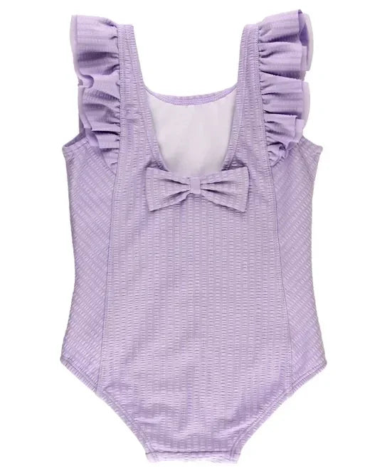 RuffleButts Lavender Seersucker Waterfall One Piece Swimsuit