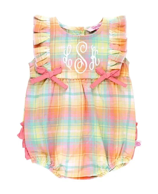 RuffleButts Rainbow Plaid Classic Ruffle Romper