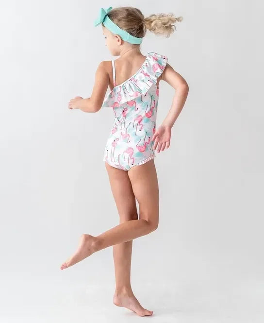 RuffleButts Vibrant Flamingo One Shoulder Ruffle One Piece