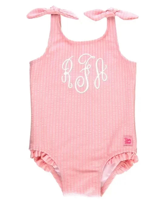 RuffleButts Pink Seersucker Tie Shoulder One Piece Swimsuit