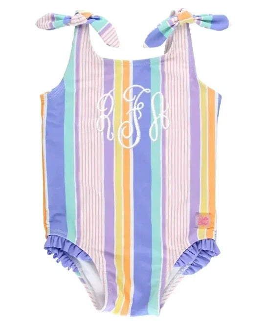 RuffleButts Rainbow Lane Stripe Tie Shoulder One Piece Swimsuit