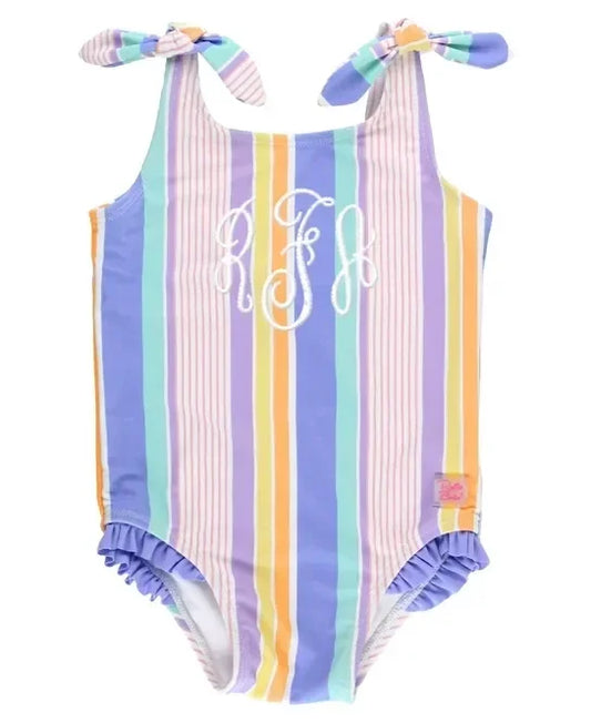 RuffleButts Rainbow Lane Stripe Tie Shoulder One Piece Swimsuit