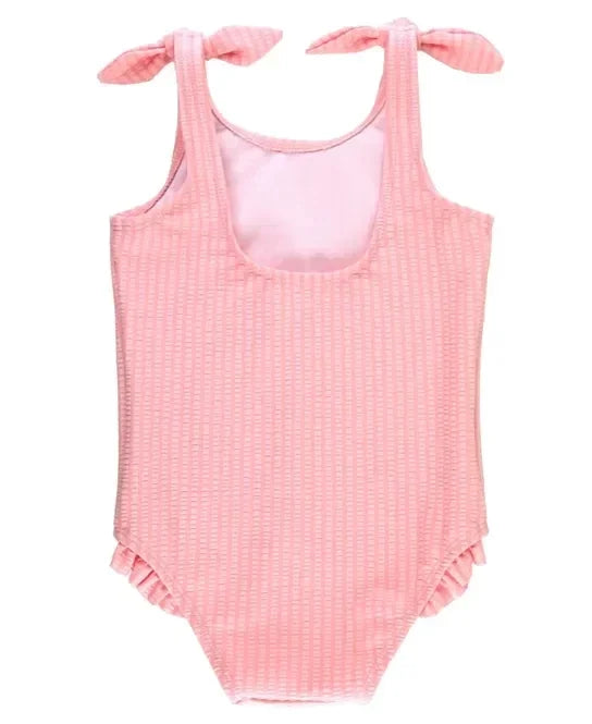 RuffleButts Pink Seersucker Tie Shoulder One Piece Swimsuit