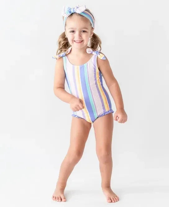 RuffleButts Rainbow Lane Stripe Tie Shoulder One Piece Swimsuit