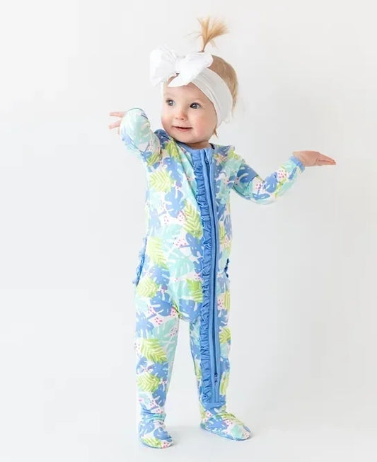 RuffleButts Ohana Palms Snuggly Footed One Piece Pajama